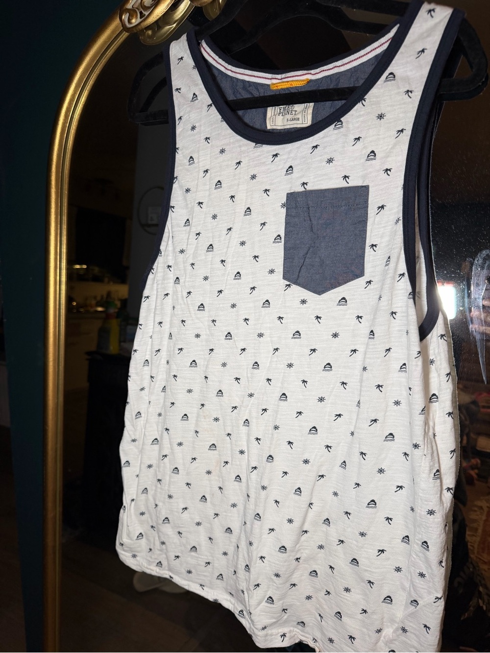 Free Planet White Tank Top with Navy Pocket & Trim, XL